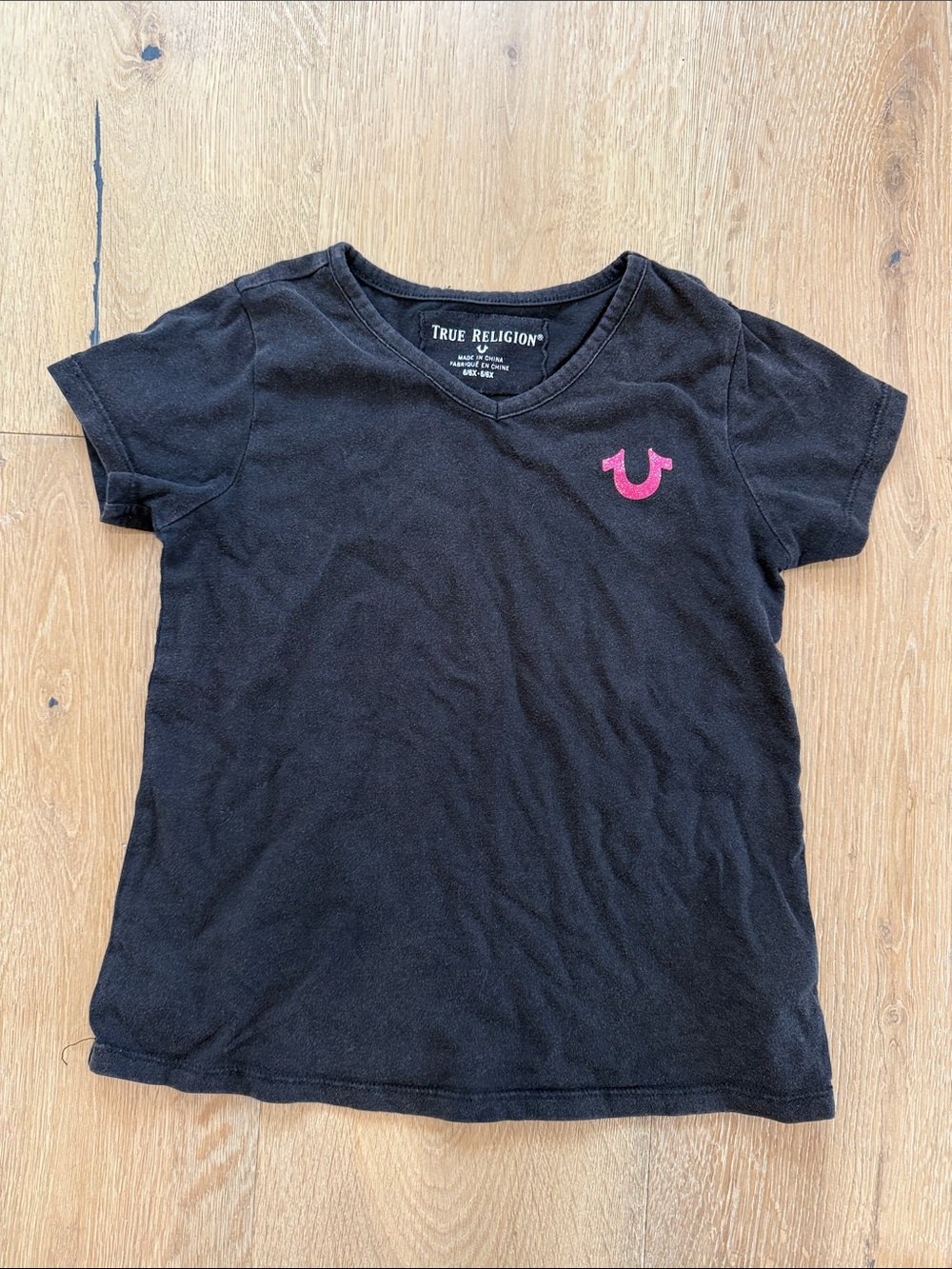 True Religion Kids Black Tee with Pink Horseshoe Logo